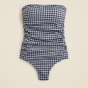 J.Crew Ruched Bandeau One-Piece Swimsuit Navy & White Gingham Size 10
